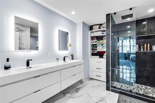 bathroom featuring a tile shower, tile flooring, and double sink vanity