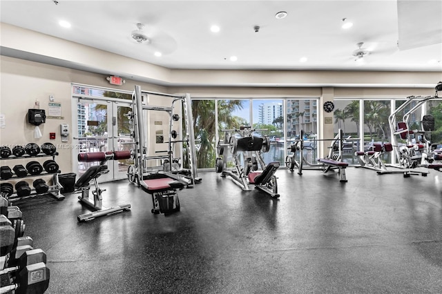 exercise room with french doors and ceiling fan