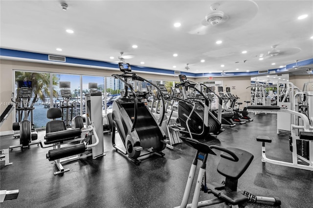 workout area with ceiling fan