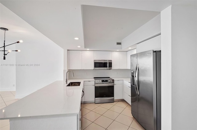 kitchen featuring hanging light fixtures, sink, kitchen peninsula, white cabinetry, and appliances with stainless steel finishes