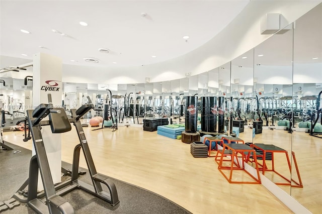 exercise room featuring light hardwood / wood-style floors