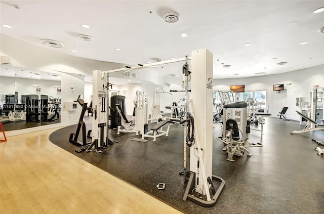 exercise room with dark hardwood / wood-style floors