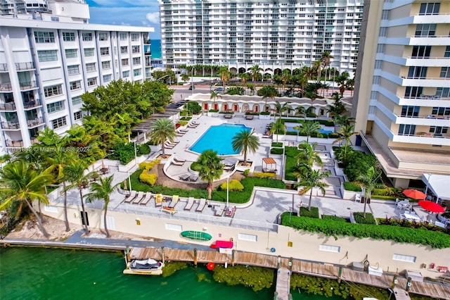 drone / aerial view with a water view