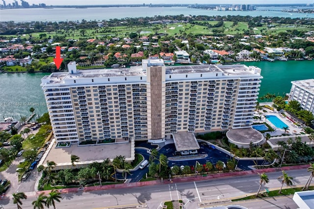 drone / aerial view with a water view