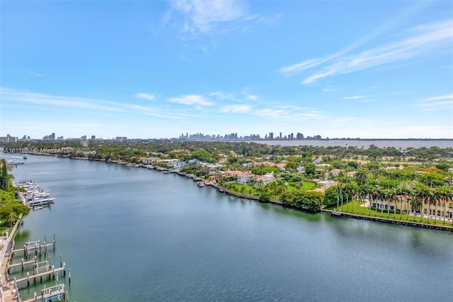 aerial view featuring a city view and a water view