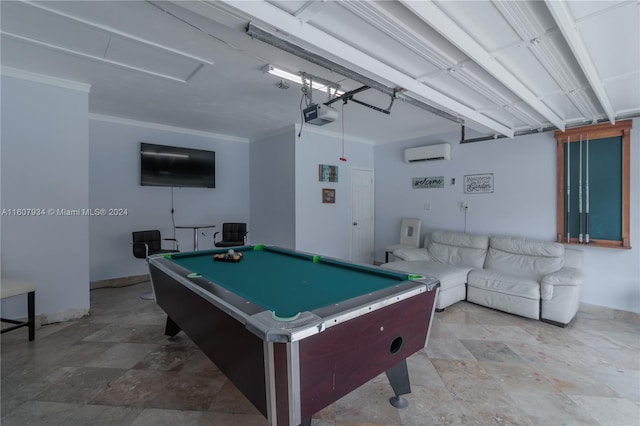 recreation room featuring tile floors, crown molding, billiards, and an AC wall unit