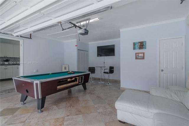 rec room with ornamental molding, billiards, and light tile floors