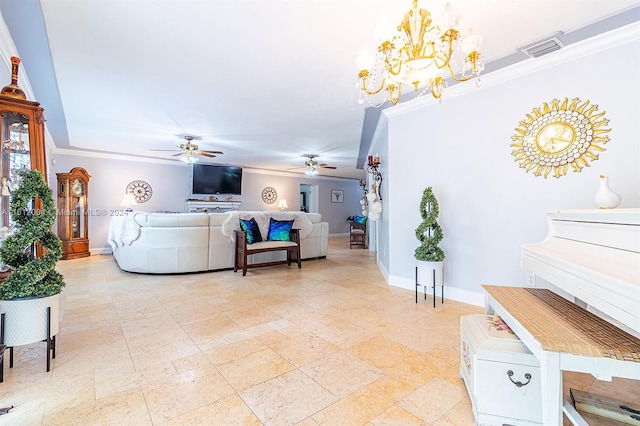 tiled living room with crown molding and ceiling fan with notable chandelier