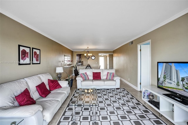 living room featuring crown molding and a chandelier