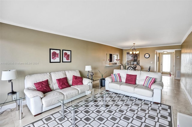 tiled living room featuring an inviting chandelier and crown molding