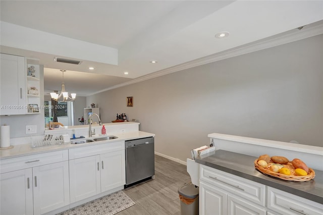 kitchen with white cabinetry, light wood-type flooring, an inviting chandelier, stainless steel dishwasher, and sink