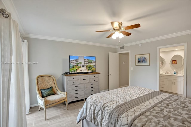 bedroom with connected bathroom, crown molding, and ceiling fan