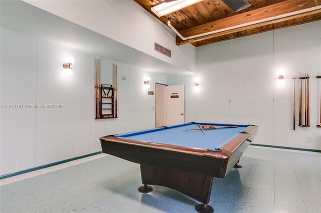 rec room with tile floors, a towering ceiling, billiards, and wooden ceiling