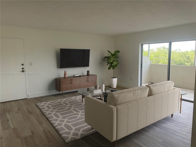 living room featuring light hardwood / wood-style flooring and a textured ceiling