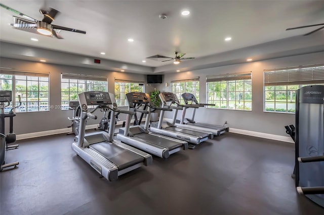 gym featuring ceiling fan