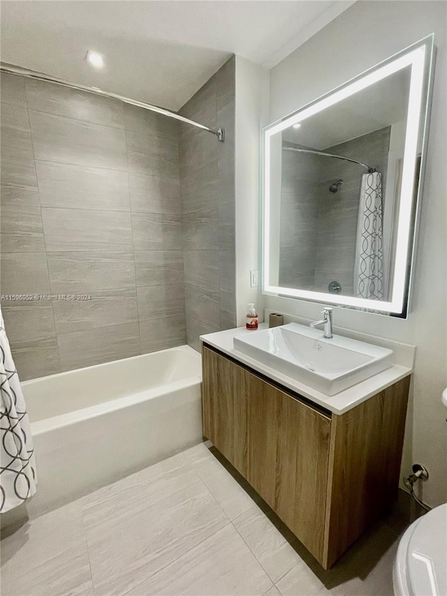 full bathroom with tile patterned flooring, vanity, toilet, and shower / tub combo with curtain