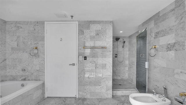 bathroom featuring a bidet, shower with separate bathtub, and tile walls