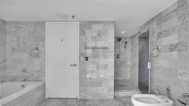 bathroom featuring a shower stall, tiled tub, visible vents, a bidet, and tile walls