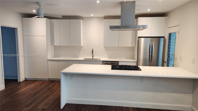 kitchen featuring stainless steel appliances, decorative backsplash, island exhaust hood, sink, and dark wood-type flooring