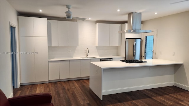 kitchen with dark hardwood / wood-style flooring, appliances with stainless steel finishes, ceiling fan, and white cabinetry