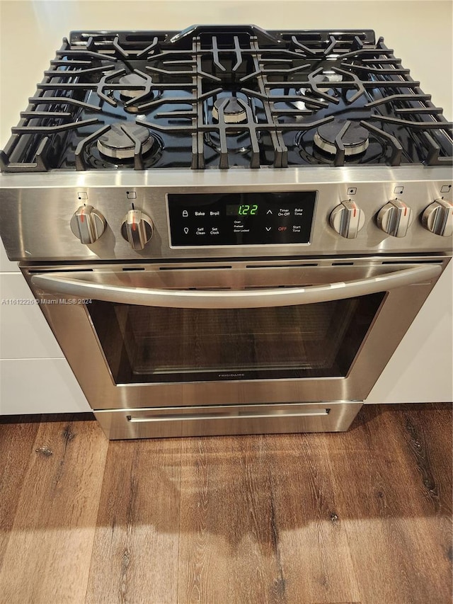 room details featuring stainless steel gas range and wood-type flooring