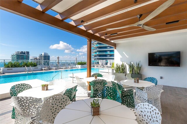 1010 Brickell Ave Unit 2201, Miami, FL 33131 - community pool featuring outdoor dining space, ceiling fan, and a patio area