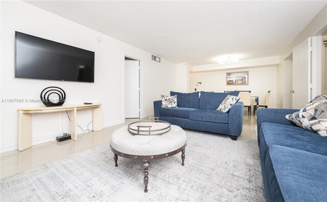 living room with tile floors