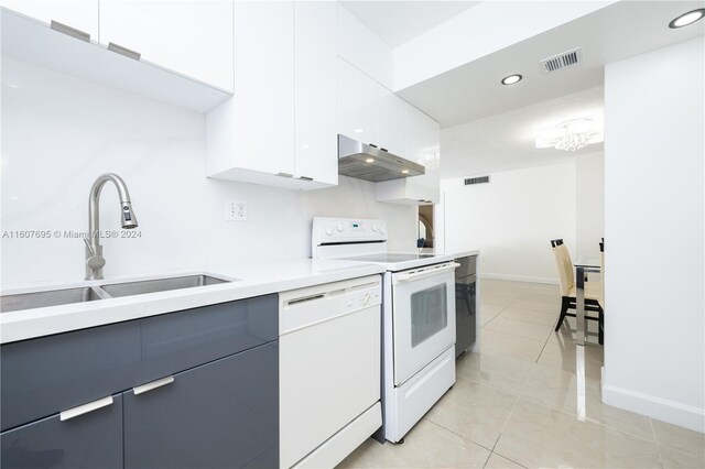 kitchen with sink, white cabinetry, white appliances, and light tile floors