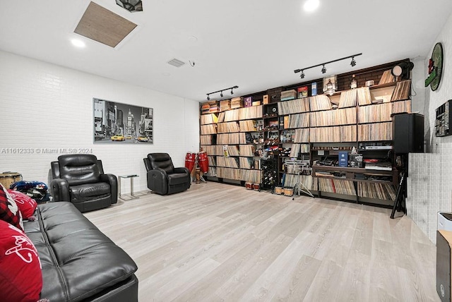 living room featuring rail lighting and wood-type flooring