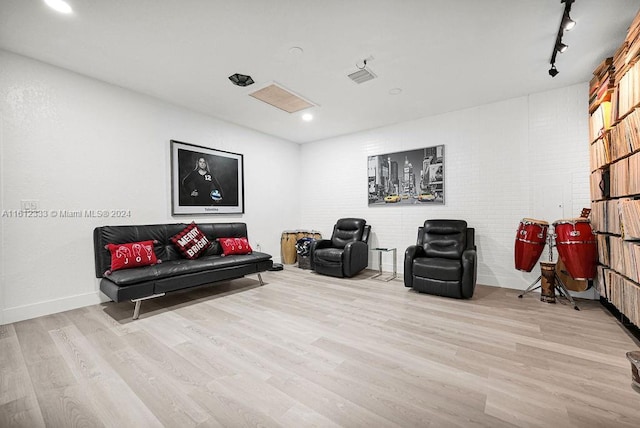 living area with light wood-type flooring and rail lighting