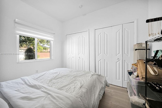 bedroom featuring light wood-type flooring and two closets