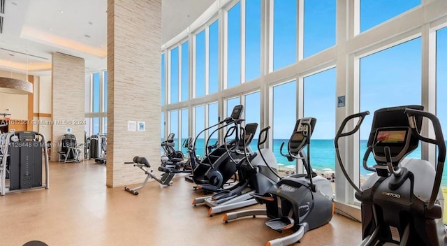 gym featuring a water view and a towering ceiling