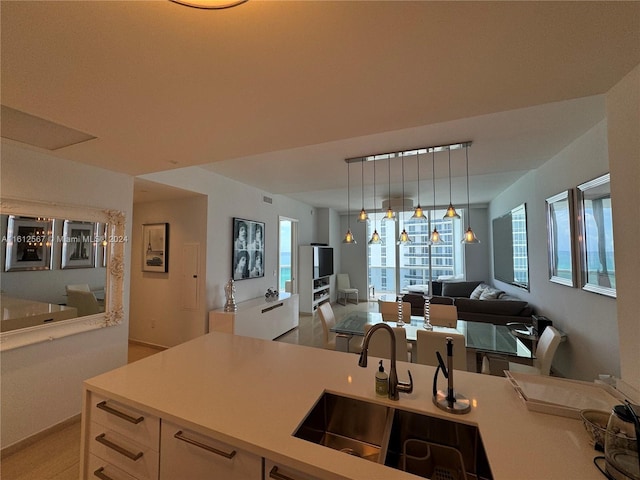 kitchen with light countertops, open floor plan, a healthy amount of sunlight, and a sink