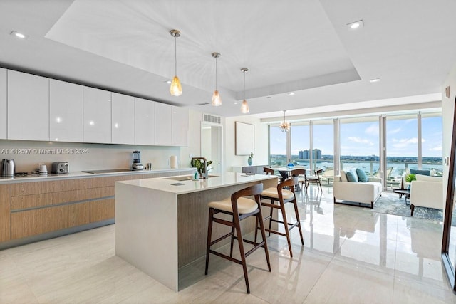 kitchen featuring pendant lighting, white cabinetry, a kitchen island with sink, and a tray ceiling