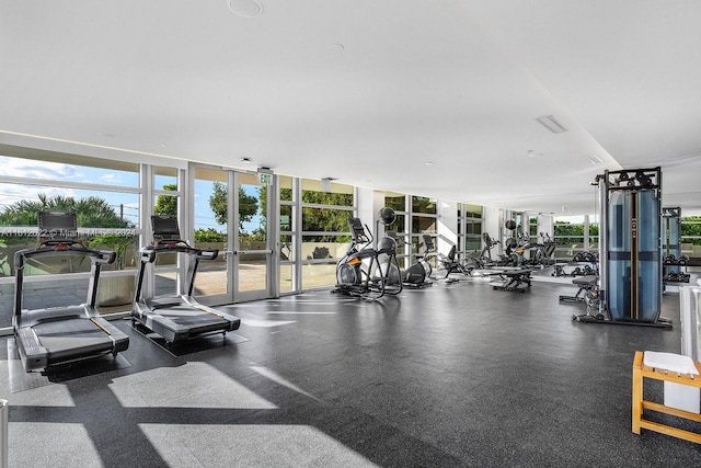 gym with floor to ceiling windows and french doors