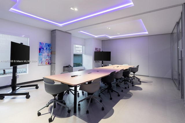 office with a raised ceiling