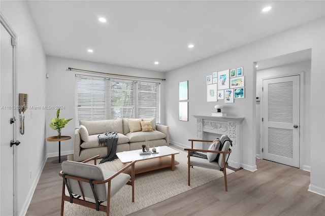 living room with light wood-type flooring and a fireplace