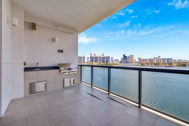 balcony featuring sink, grilling area, and a water view