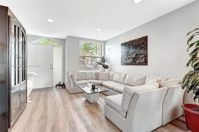 living room with a textured ceiling and light wood-type flooring