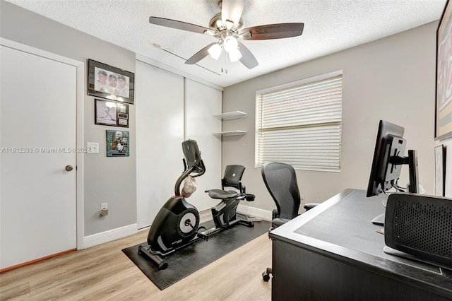 office area featuring ceiling fan, light hardwood / wood-style floors, and a textured ceiling