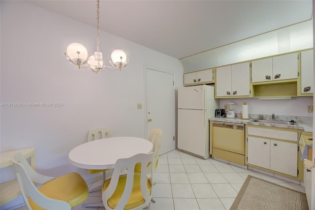 kitchen featuring hanging light fixtures, white refrigerator, sink, dishwasher, and light tile floors