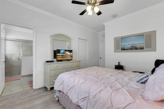 bedroom with ceiling fan, light hardwood / wood-style flooring, and ornamental molding