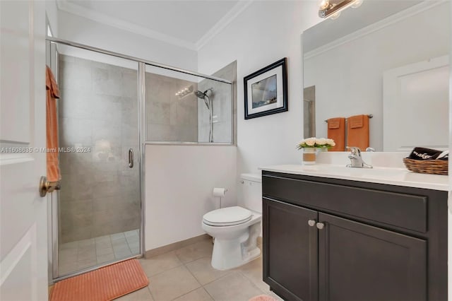 bathroom featuring tile flooring, oversized vanity, walk in shower, ornamental molding, and toilet