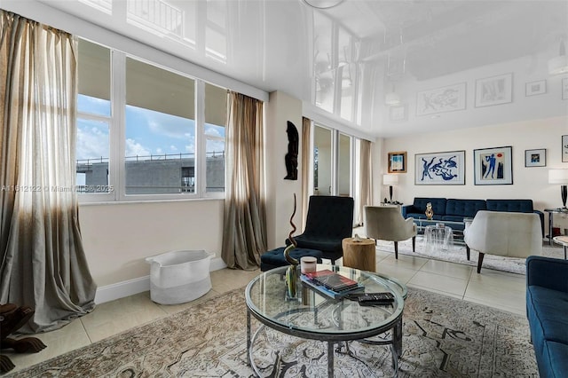 living room with tile patterned flooring