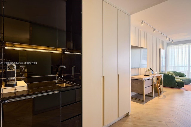 kitchen with sink, light parquet flooring, and track lighting