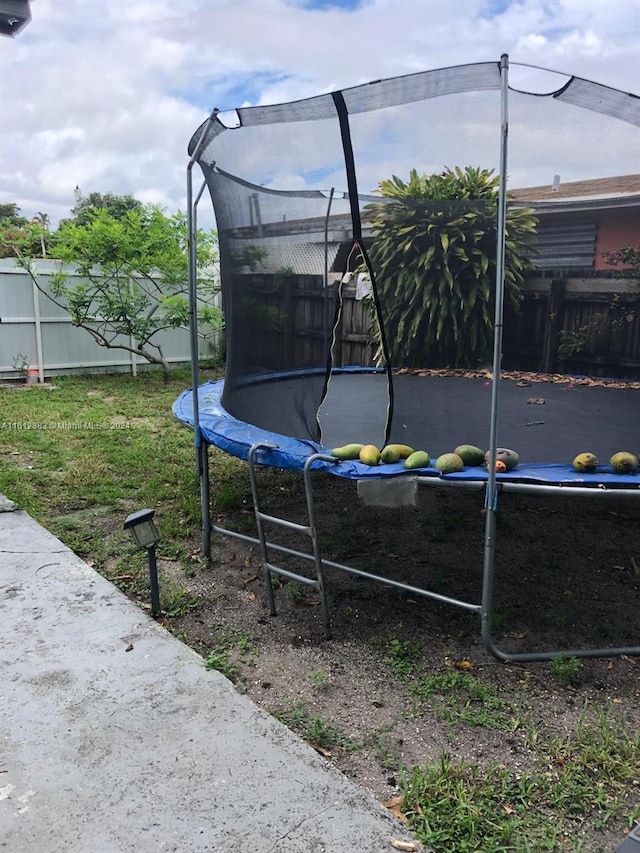 view of yard with a fenced backyard and a trampoline