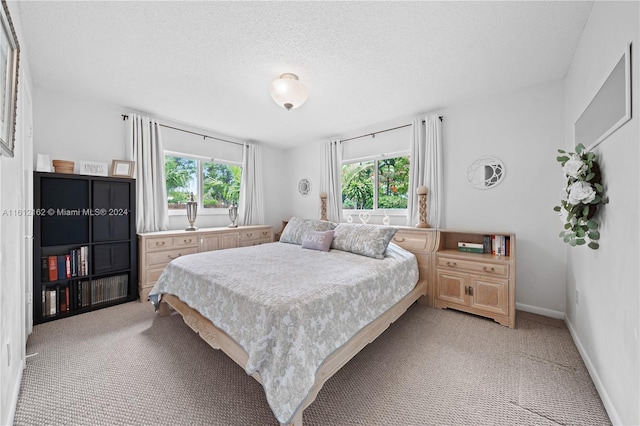 carpeted bedroom featuring a textured ceiling and multiple windows