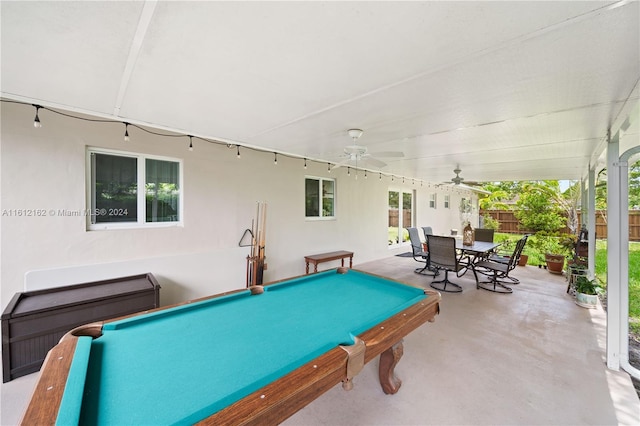 playroom featuring ceiling fan, billiards, and concrete floors