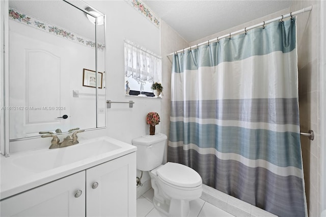 bathroom featuring walk in shower, tile patterned floors, a textured ceiling, toilet, and vanity