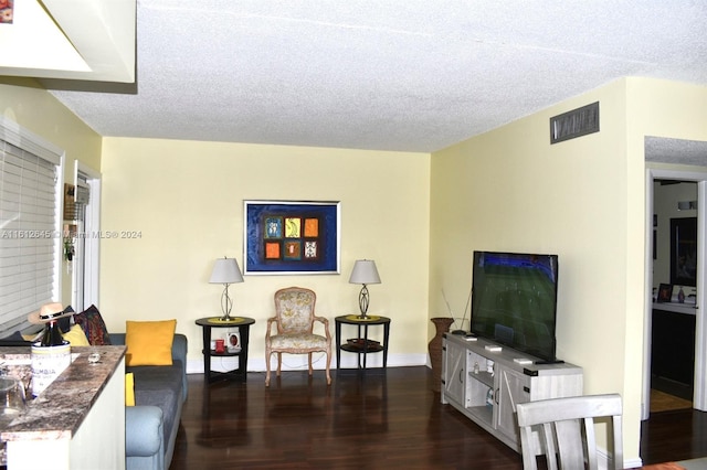 living room with a textured ceiling and dark hardwood / wood-style flooring